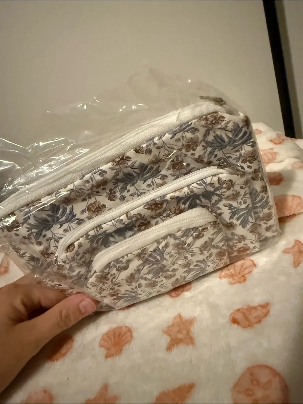 Floral Blue and Brown Cosmetic Pouch Set